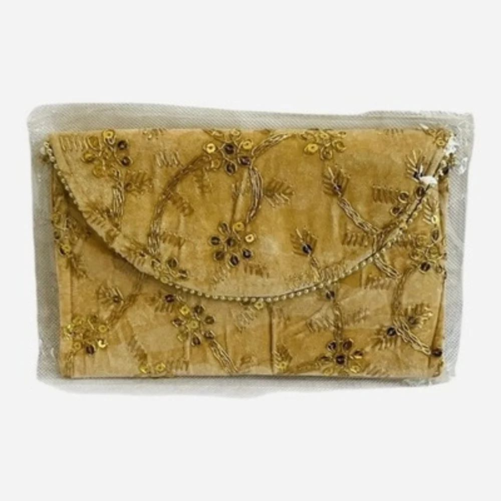 Artisan Gold Embroidered Canvas Purse Handbag Clutch Bag Wallet 8”x5.5” New